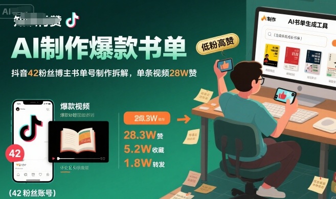 AI制作爆款书单，抖音42粉丝博主书单号制作拆解，单条视频28W赞-轻资本网