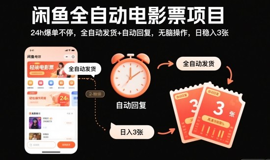 闲鱼全自动电影票项目，24h爆单不停，全自动发货+自动回复，无脑操作，日稳入3张【揭秘】-轻资本网