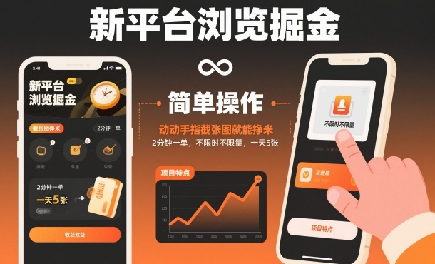 新平台浏览掘金，动动手指截张图就能挣米，2分钟一单，不限时不限量，一天5张【揭秘】-轻资本网