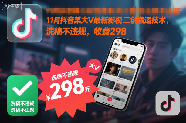 11月抖音某大V最新影视二创搬运技术，洗稿不违规，收费298-轻资本网
