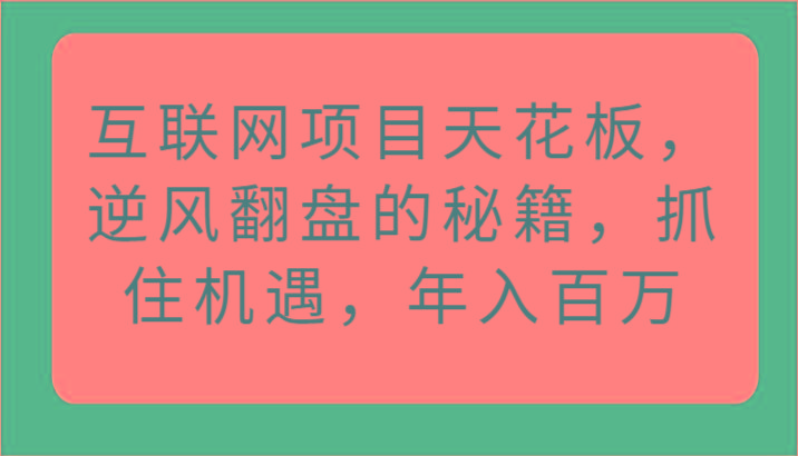 互联网项目天花板，逆风翻盘的秘籍，抓住机遇，年入百万-轻资本网
