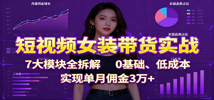 短视频女装带货实战：7大模块全拆解，0基础、低成本，实现单月佣金3万+-轻资本网
