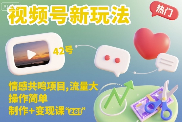 视频号新玩法，情感共鸣项目，流量大，操作简单，制作+变现课-轻资本网