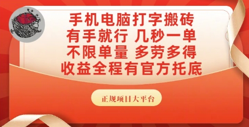 手机电脑打字搬砖，副业可发展主业来做蓝海项目，有手就行，几秒一单，不限单量，多劳多得【揭秘】-轻资本网