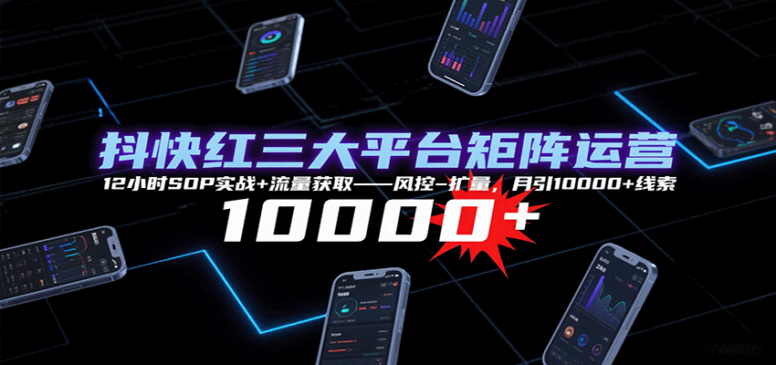 抖快红三大平台矩阵运营，12小时SOP实战+流量获取-风控-扩量，月引10000+线索-轻资本网