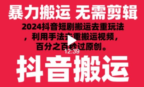 2024最新抖音搬运技术，抖音短剧视频去重，手法搬运，利用工具去重，达到秒过原创的效果【揭秘】-轻资本网