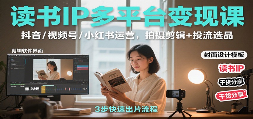 读书IP多平台变现课：抖音/视频号/小红书运营，拍摄剪辑+投流选品-轻资本网