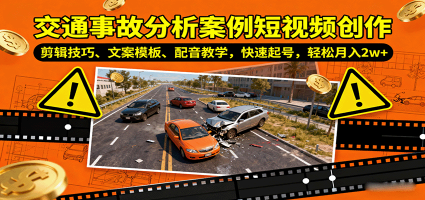 交通事故分析案例短视频创作，剪辑技巧、文案模板、配音教学，快速起号，轻松月入2w+-轻资本网