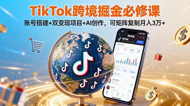 TikTo跨境掘金必修课，账号搭建+双变现项目+AI创作，可矩阵复制月入3万+-轻资本网