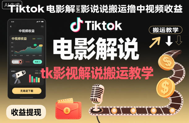 Tiktok电影解说搬运撸中视频收益，tk影视解说搬运教学-轻资本网
