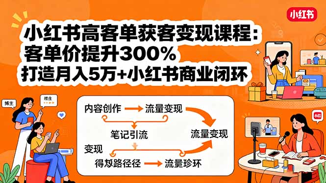 小红书高客单获客变现课程：客单价提升300%，打造月入10万+小红书商业闭环-轻资本网