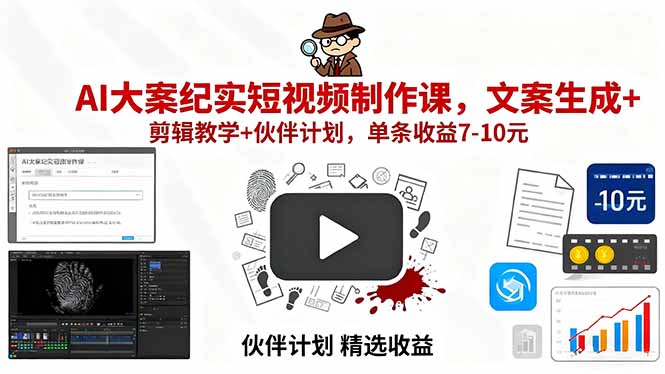 AI大案纪实短视频制作课，文案生成+剪辑教学+伙伴计划，单条收益7-10元-轻资本网