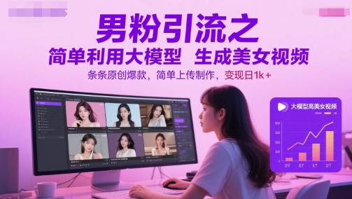 男粉引流之简单利用大模型生成美女视频，条条原创爆款，简单上传制作，变现日1k+-轻资本网
