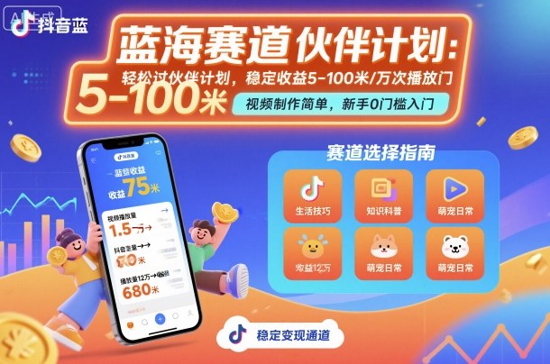 抖音蓝海赛道，轻松过伙伴计划，视频制作简单，万次播放收益在5-100米，稳定收益-轻资本网