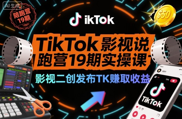 TikTok影视解说陪跑营19期实操课，影视二创发布TK賺取收益，万播收益50美金-轻资本网