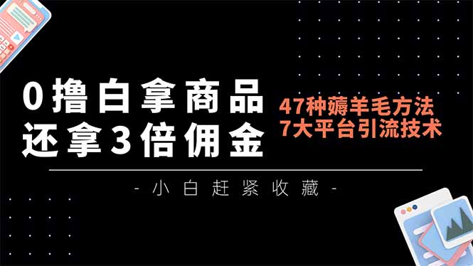 0撸白拿商品，还拿3倍佣金，47种薅羊毛方法，7大平台全方位引流技术教学，精专月入过万-轻资本网