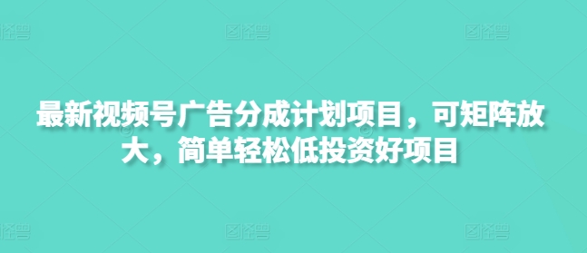 最新视频号广告分成计划项目，可矩阵放大，简单轻松低投资好项目-轻资本网
