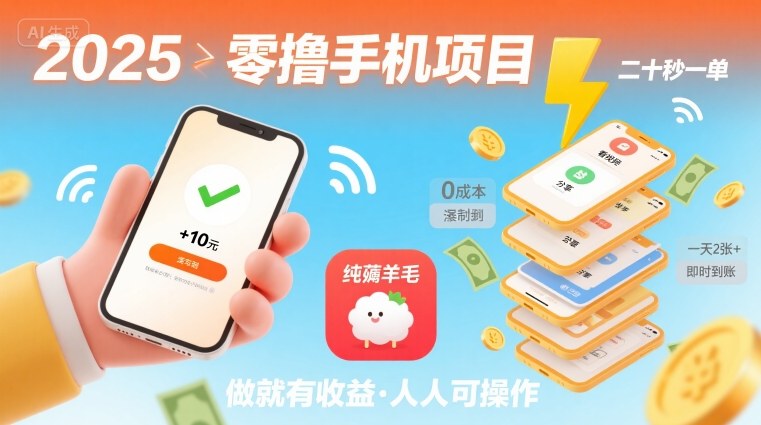2025年零撸手机项目，二十秒一单，纯薅羊毛 一天2张+做就有-轻资本网