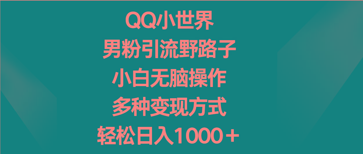 QQ小世界男粉引流野路子，小白无脑操作，多种变现方式轻松日入1000＋-轻资本网