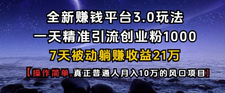 全新赚钱平台3.0玩法一天精准引流创业粉1000.7天被动躺Z收益21W【仅揭秘】-轻资本网
