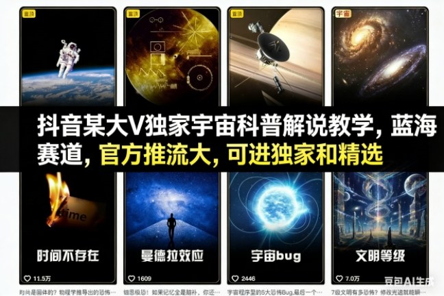 抖音某大V独家宇宙科普解说教学，蓝海赛道，官方推流大，可进独家和精选-轻资本网