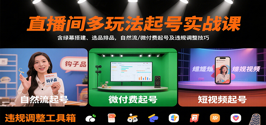 直播间多玩法起号实战课：含绿幕搭建、选品排品，自然流/微付费起号及违规调整技巧-轻资本网