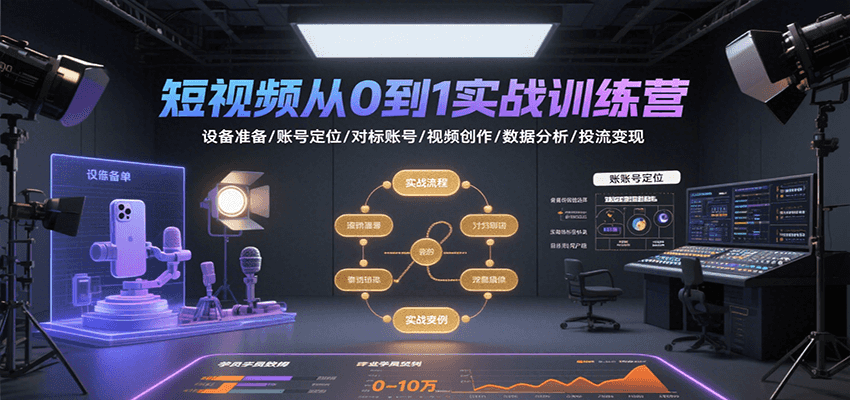 短视频从0到1实战训练营：设备准备/账号定位/对标账号/视频创作/数据分析/投流变现-轻资本网