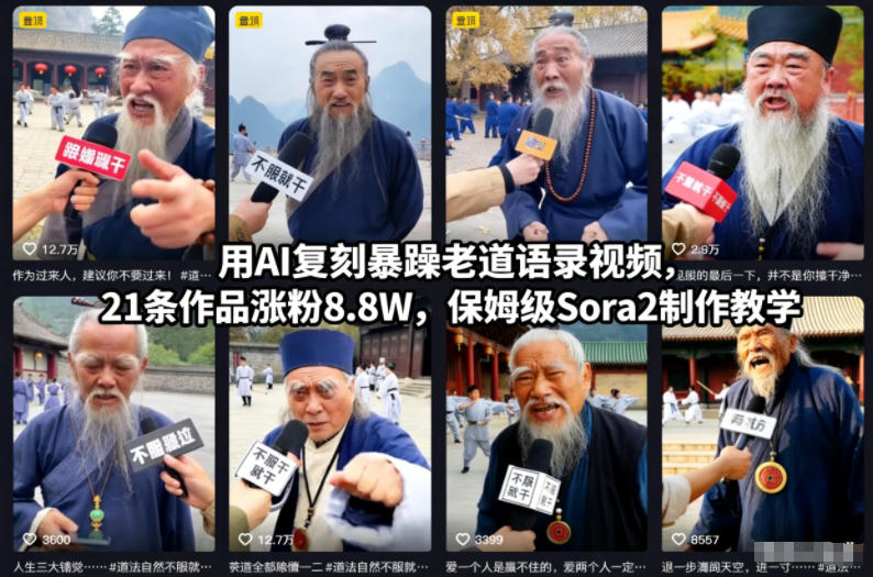 用AI复刻暴躁老道语录视频，21条作品涨粉8.8W，保姆级Sora2制作教学-轻资本网