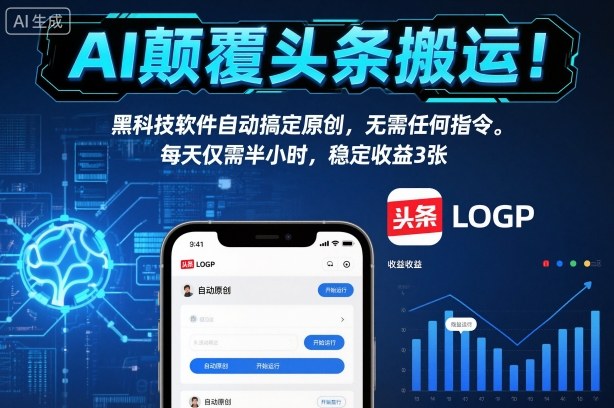 AI颠覆头条搬运！黑科技软件自动搞定原创，无需任何指令。每天仅需半小时，稳定收益3张【揭秘】-轻资本网