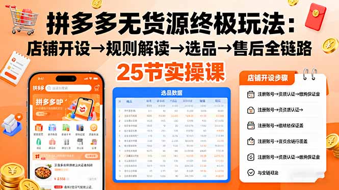 拼多多无货源终极玩法：店铺开设→规则解读→选品→售后全链路,25节实操课-轻资本网