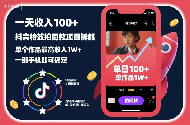 一天收入100+，抖音特效拍同款项目拆解，单个作品最高收入1W+，一部手机即可搞定-轻资本网