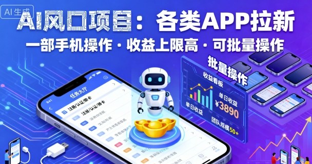 AI风口项目，各类APP拉新，一部手机就可以操作，收益上限高，可批量操作-轻资本网