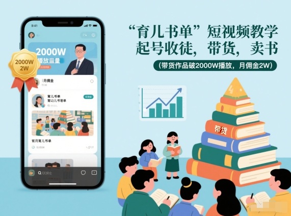 育儿书单短视频教学，起号收徒，带货，卖书(带货作品破2000W播放，月佣金2W)-轻资本网