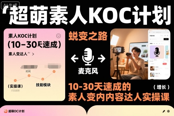 超萌素人KOC计划，10-30天速成的素人变内容达人实操课，适合想做短剧小说推文电商推广的素人入局-轻资本网