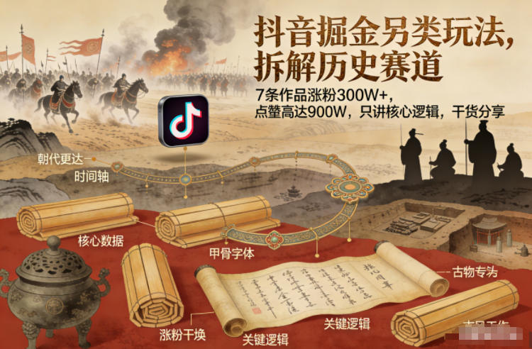 抖音掘金另类玩法，拆解历史赛道，7条作品涨粉300W+，点赞量高达900W，只讲核心逻辑，干货分享-轻资本网