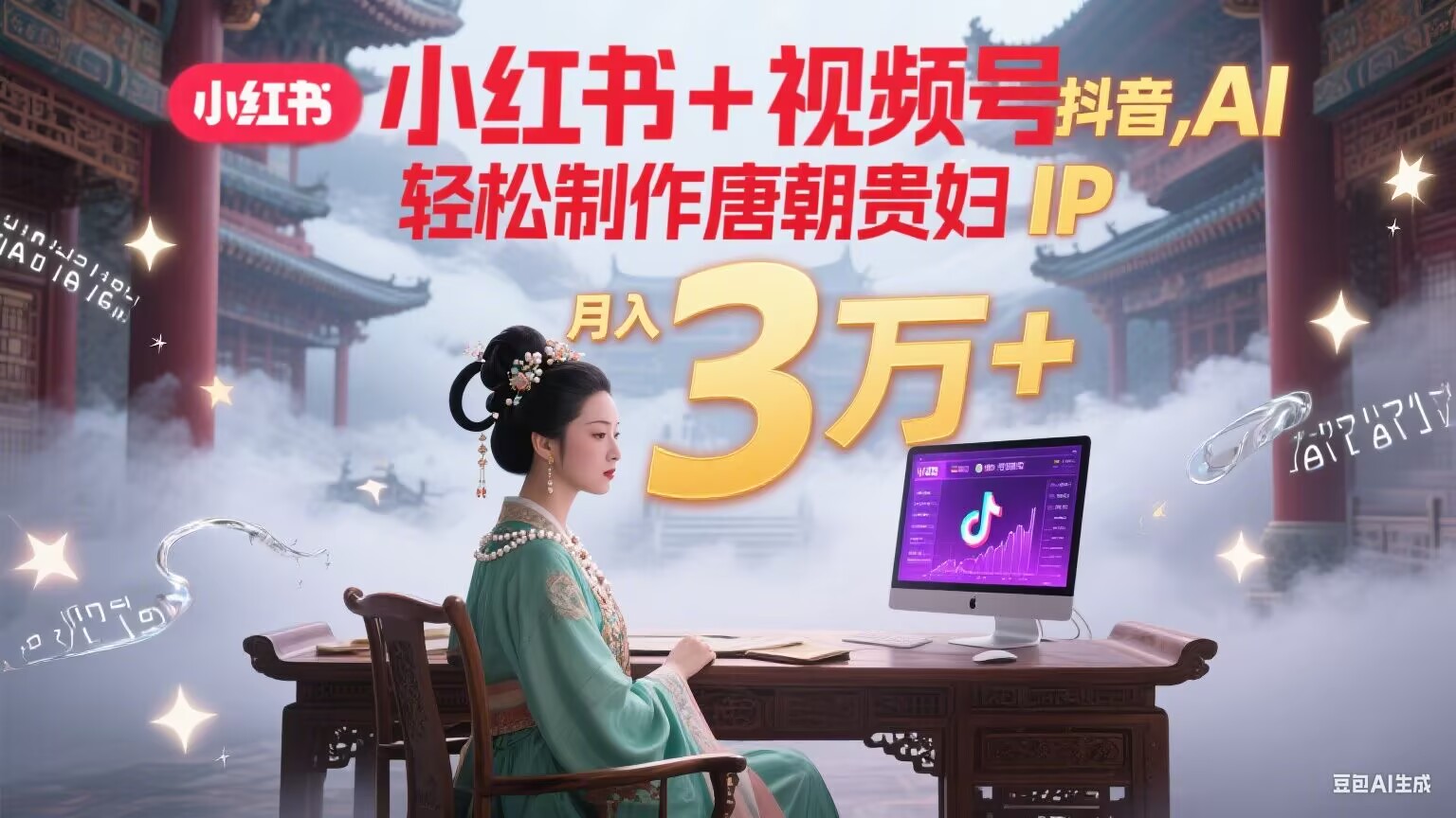 小红书+视频号+抖音，AI轻松制作唐朝贵妇IP，毒鸡汤、励志、减肥瘦身、养生赛道轻松切入，每天30分钟，轻松产出N条，月入3万+-轻资本网