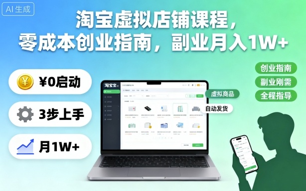 淘宝虚拟店铺课程，零成本创业指南，副业月入1W+-轻资本网