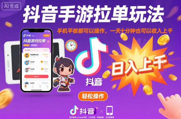 抖音手游拉单玩法，手机平板都可以操作，一天十分钟也可以收入上K【揭秘】-轻资本网
