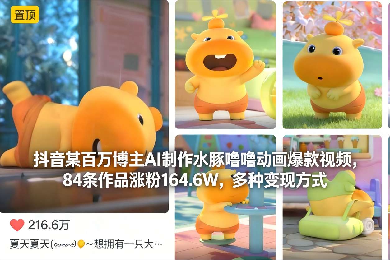 抖音某百万博主AI制作水豚噜噜动画爆款视频，84条作品涨粉164.6W，多种变现方式-轻资本网