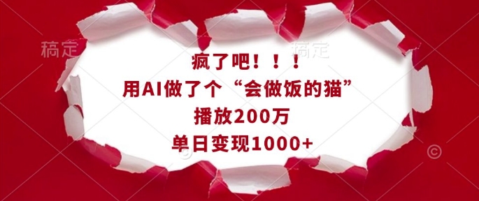 疯了吧！用AI做了个“会做饭的猫”，播放200万，单日变现1k-轻资本网