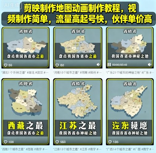 剪映制作地图动画制作教程，视频制作简单，流量高起号快，伙伴单价高-轻资本网