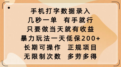 手机打字数据录入，几秒一单，有手就行，只要做当天就有收益，暴力玩法一天低保2张-轻资本网