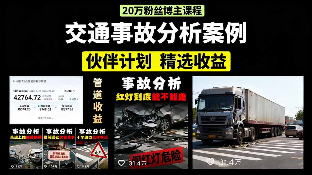 交通事故分析案例短视频，剪辑技巧+文案模板+配音教学+快速起号 月收益2w+-轻资本网