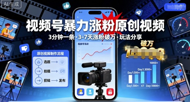 视频号暴力涨粉原创视频，3分钟一条原创视频，3-7天涨粉破万，玩法分享给你-轻资本网