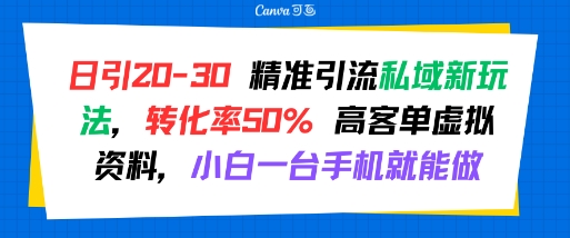 日引 20-30 精准引流私域新玩法，转化率50% 高客单虚拟资料，小白一台手机就能做-轻资本网