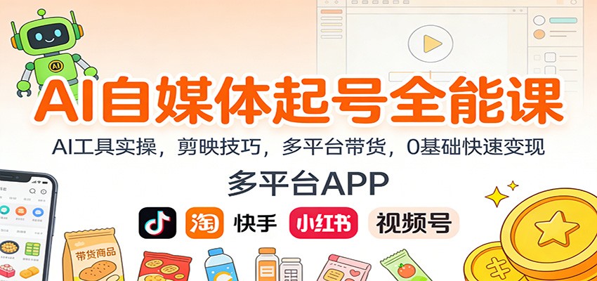 AI自媒体起号全能课：AI工具实操，剪映技巧，多平台带货，0基础快速变现-轻资本网