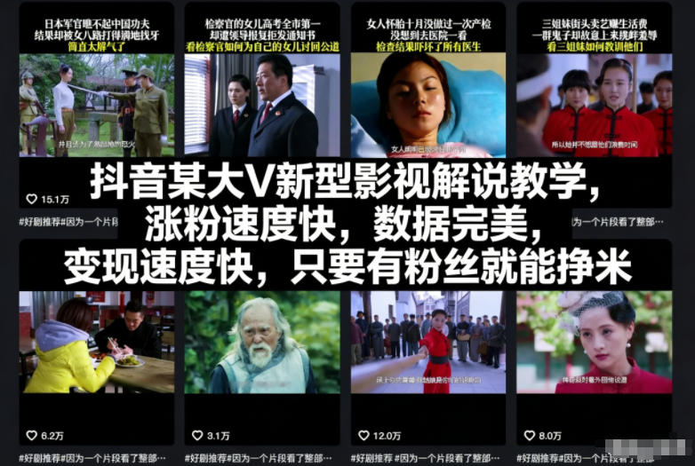 抖音某大V新型影视解说教学，涨粉速度快，数据完美，变现速度快，只要有粉丝就能挣米-轻资本网