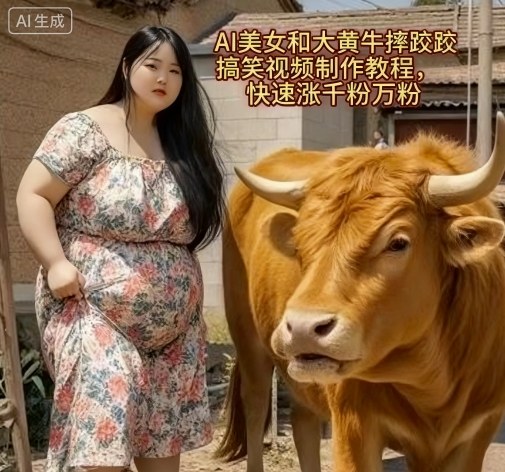 AI美女和大黄牛摔跤搞笑荒诞视频制作教程，快速涨千粉万粉-轻资本网