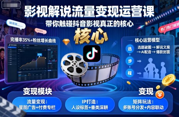 影视解说流量变现运营课，带你触碰抖音影视真正的核心-轻资本网