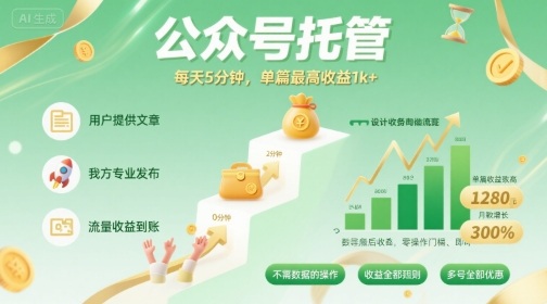 【公众号托管 】我提供文章，你发布，每天5分钟，单篇最高收益1k+【揭秘】-轻资本网